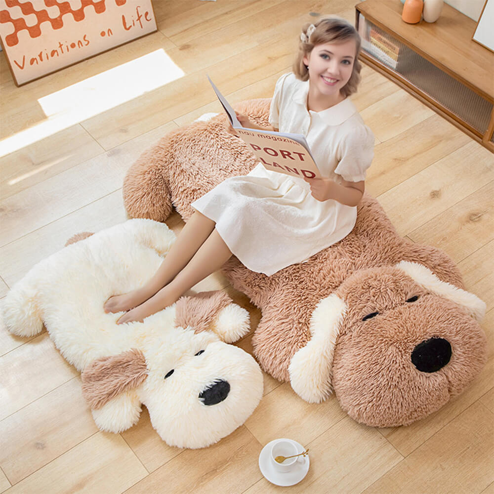 Cozy plush dog shaped rug in a nursery setting, perfect for playtime.