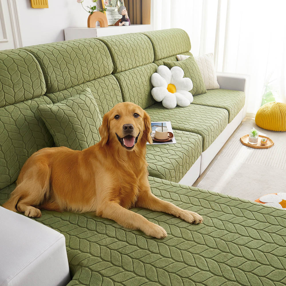 Close-up angle of WheatLeaf™ magic couch cover showing stretch fit and wheat leaf texture