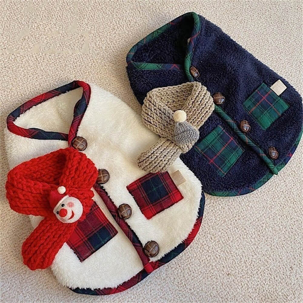 Cozy plaid dog jacket with scarf on a small dog, showcasing warmth and style for winter outings.