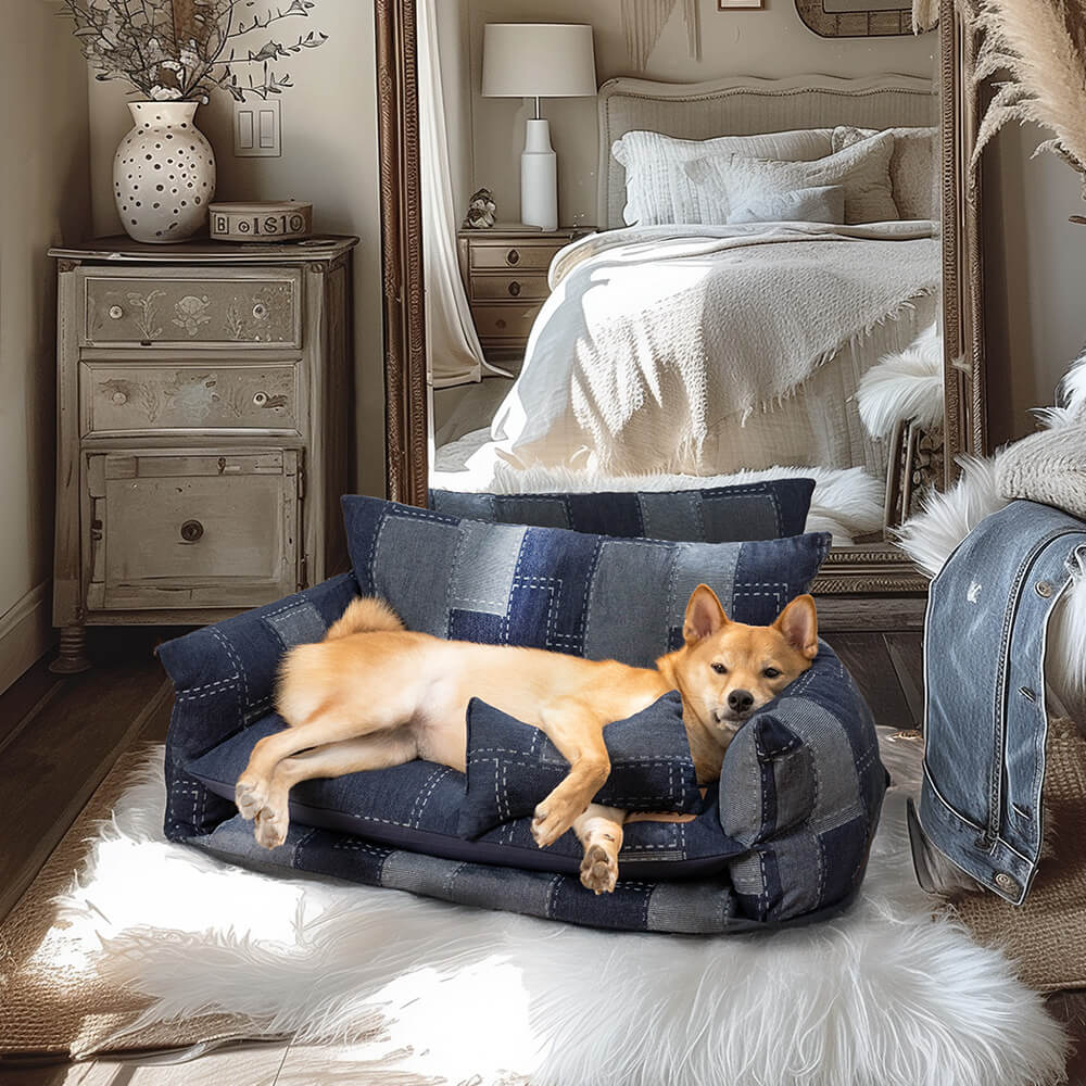 Denim Luxe dog sofa bed showcasing its double-layer design and hidden toy compartment.