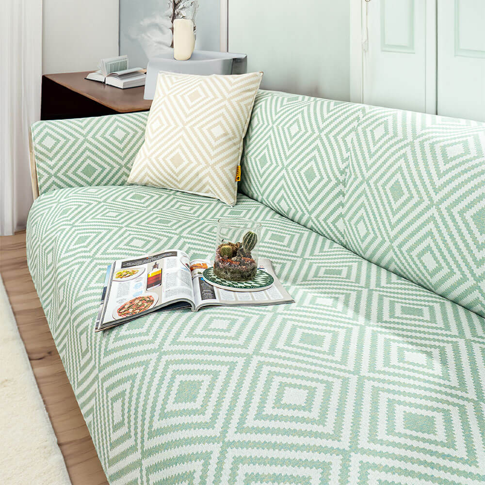 Close-up of geometric ice silk fabric on sofa cover highlighting cooling texture