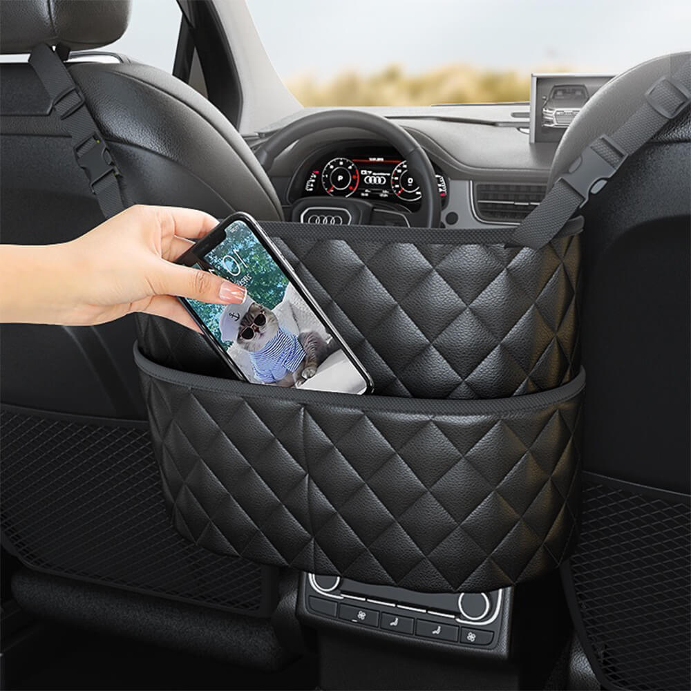 Quilted car seat gap storage bag installed between front seats