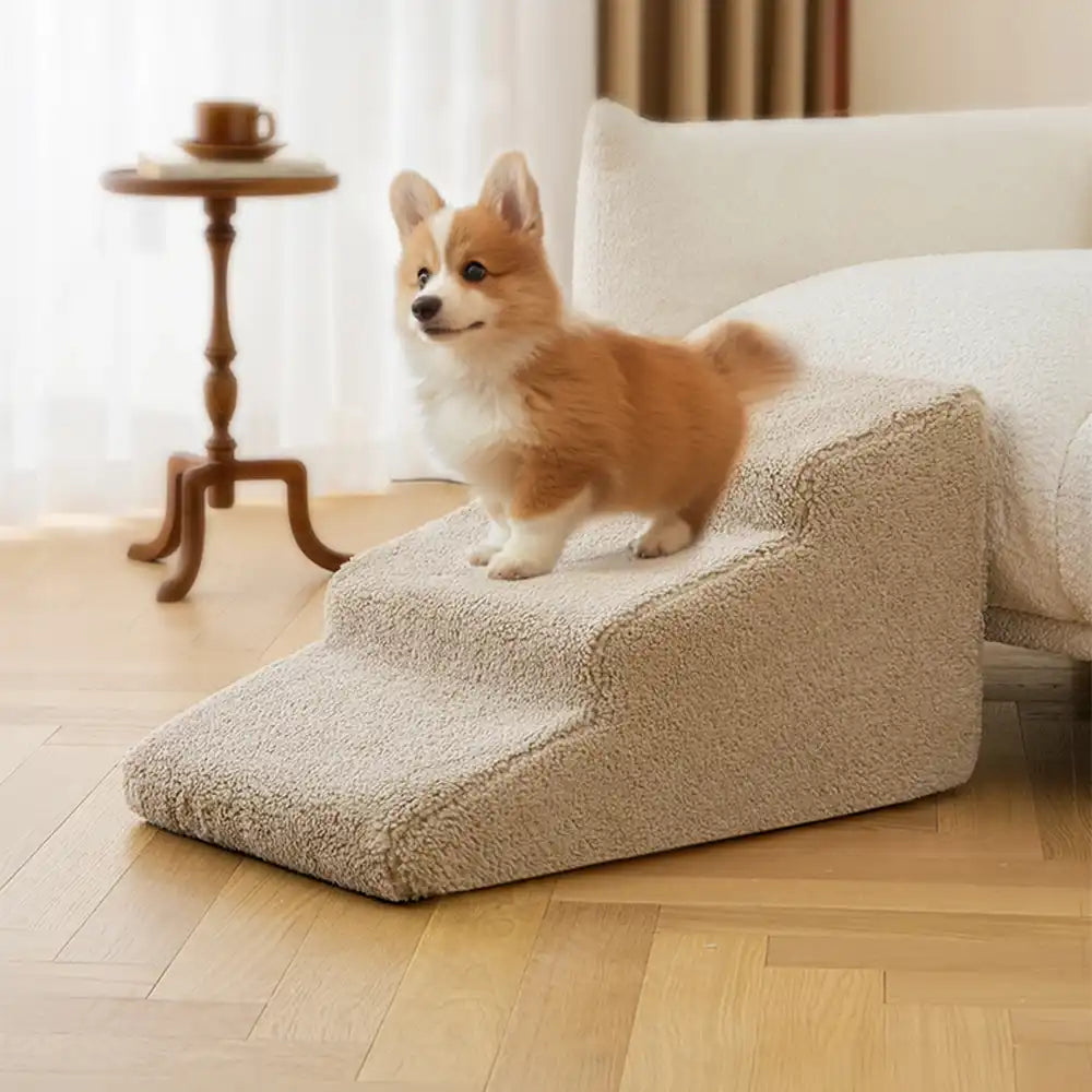 Close-up of foam dog steps showing textured plush surface and sturdy slope – ideal pet stairs for small dogs
