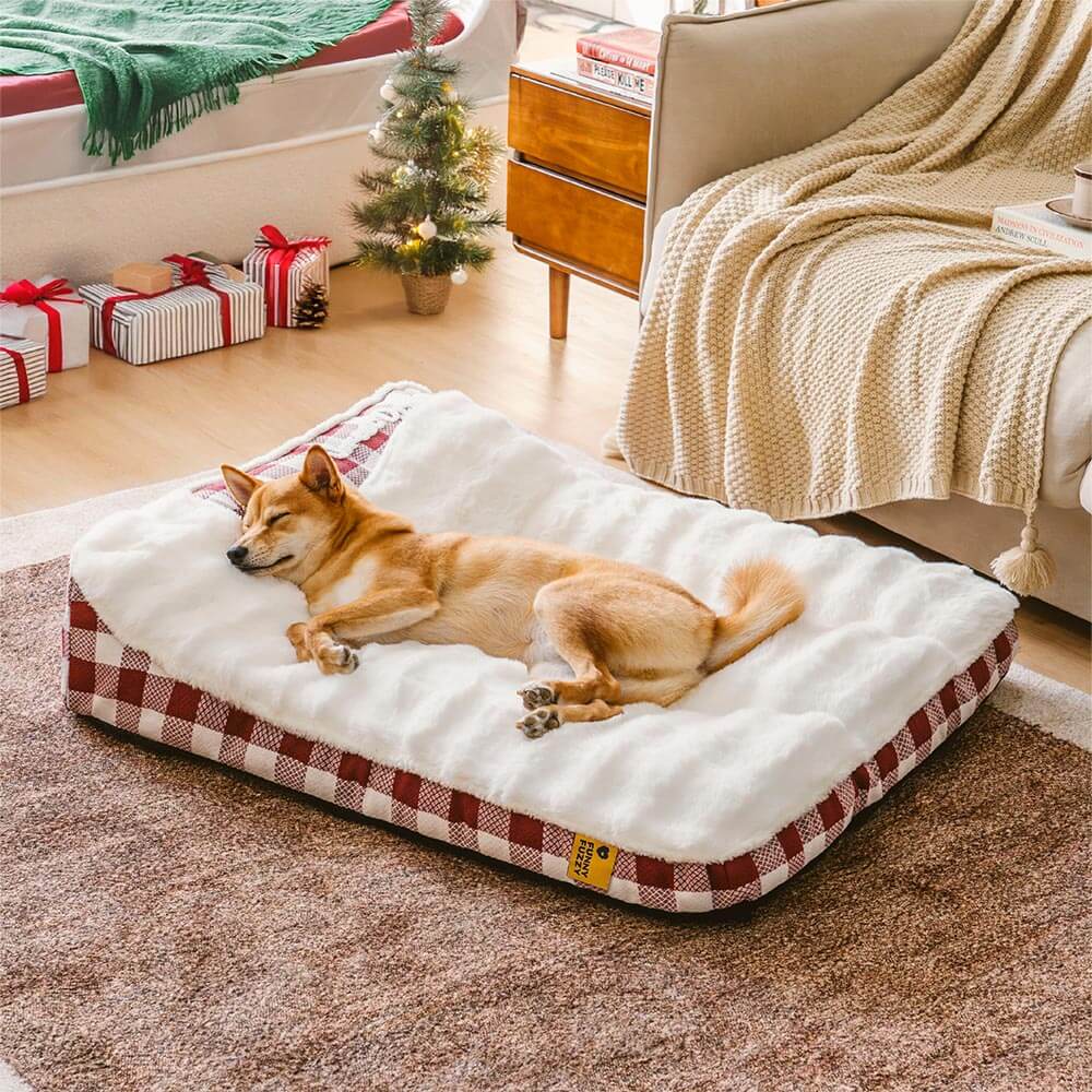 Large dog bed with headrest and plaid design, perfect for senior dogs