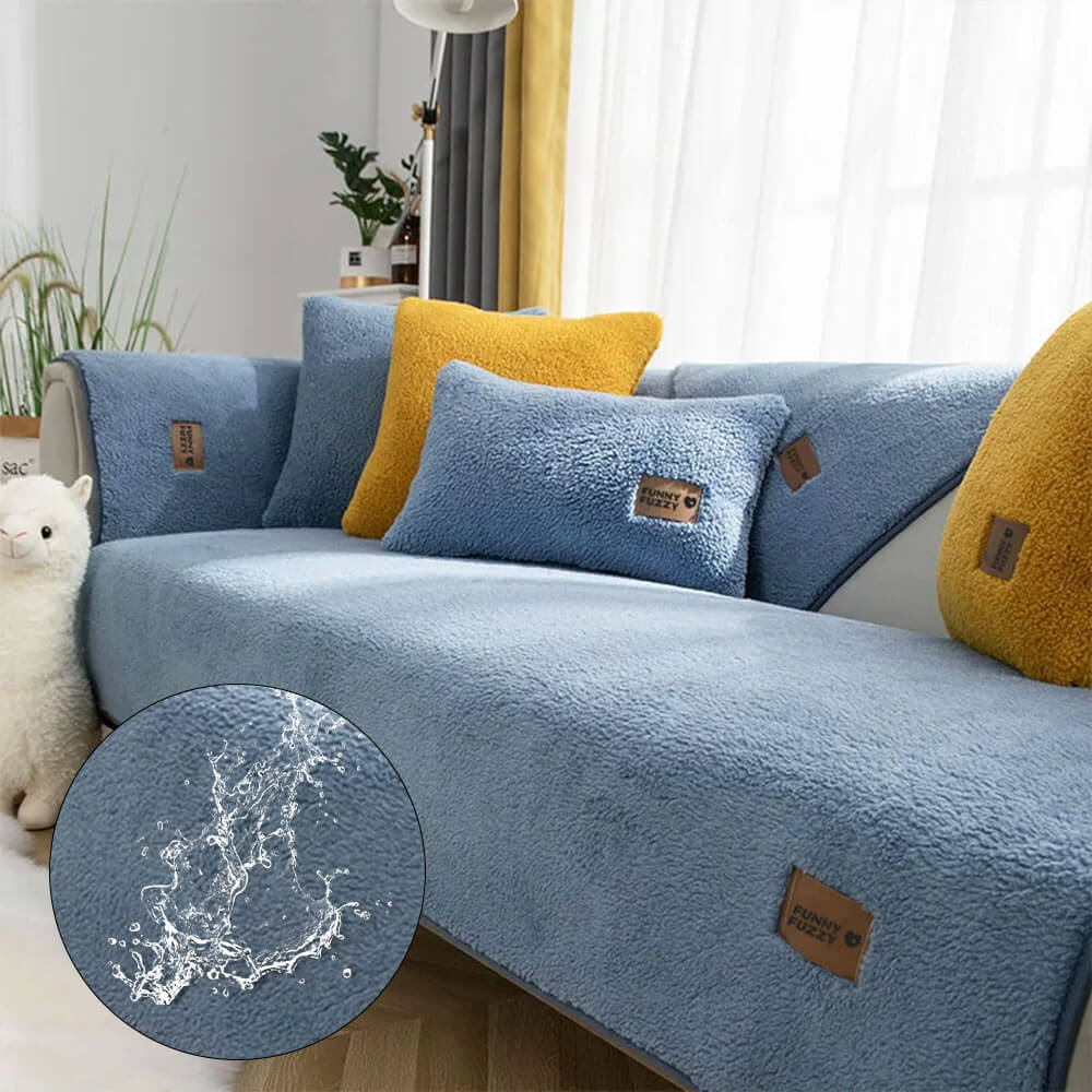 SnuggleGuard couch cover draped over a modern sectional, highlighting its faux sherpa fleece texture