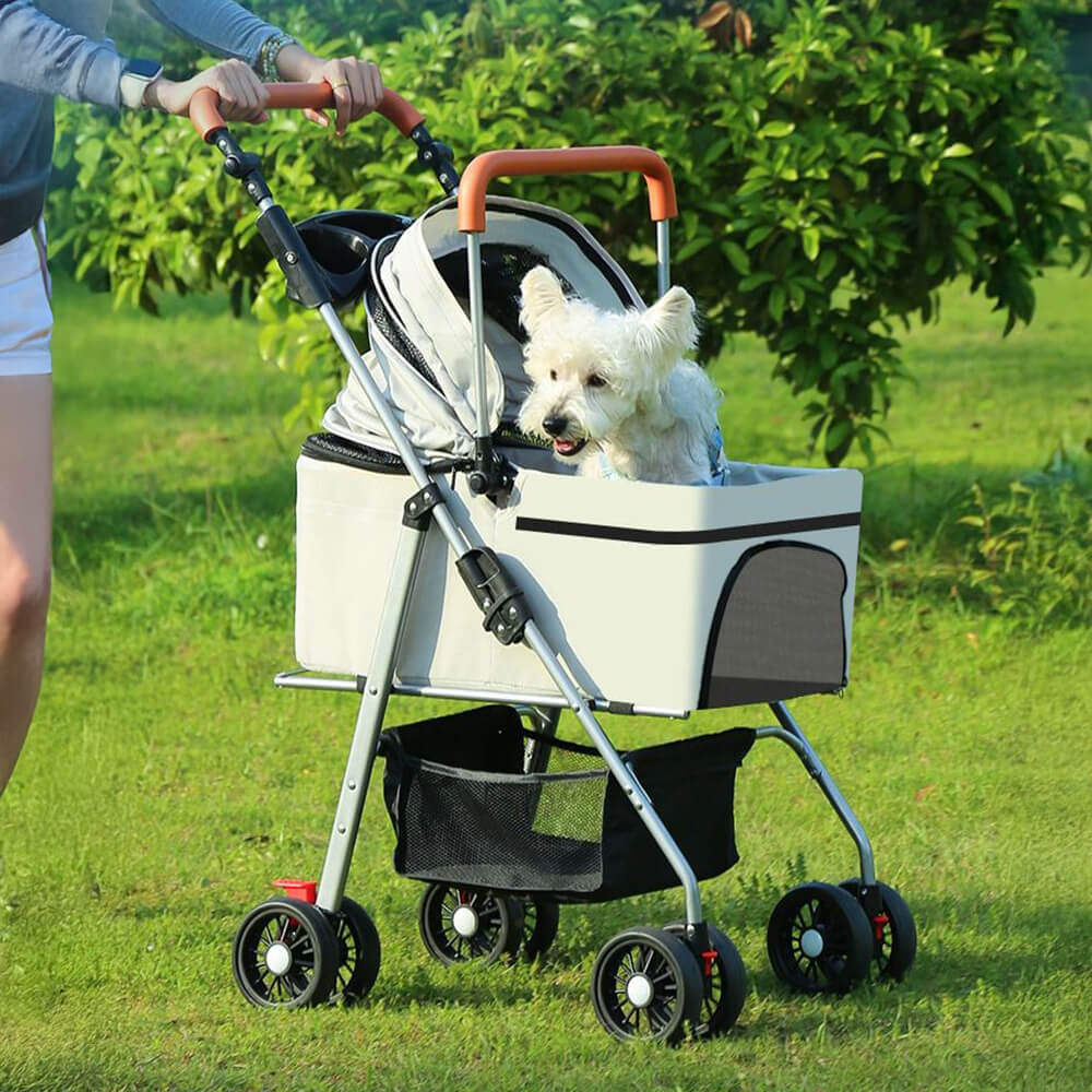 Front view of the BreezeGo foldable pet stroller with mesh windows and dog inside enjoying airflow