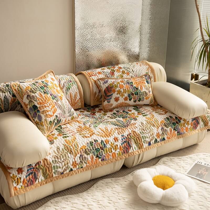 Tropical Oasis sofa cover in a cozy living room setting