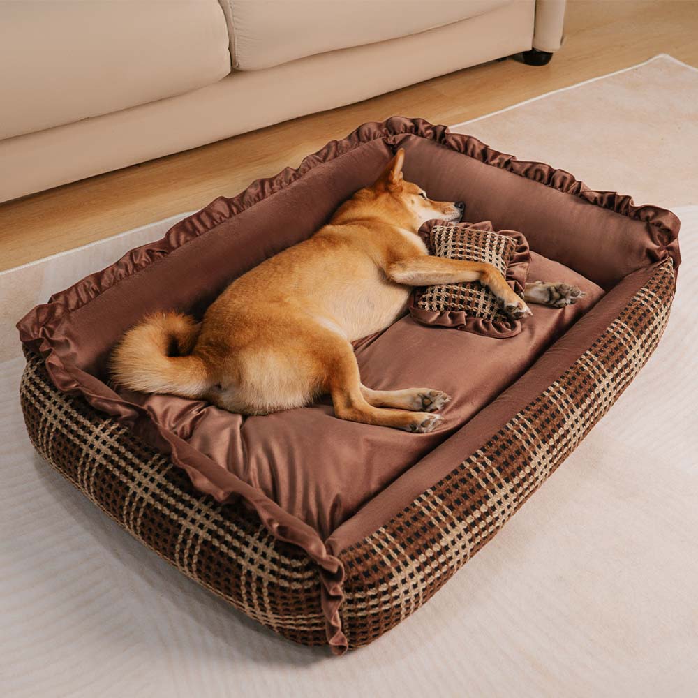Elegant floral luxury dog bed with bolster, showcasing its design and comfort.