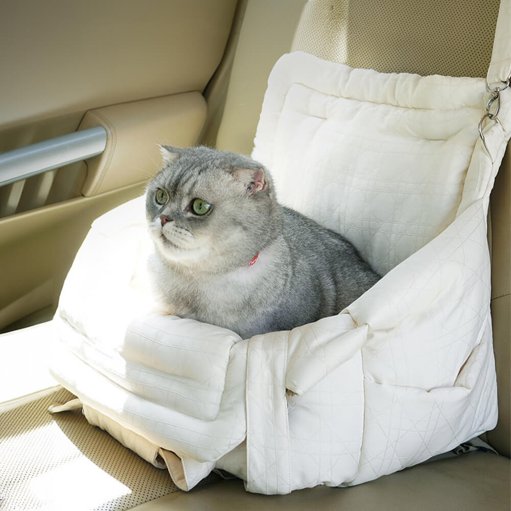 Front angle showing breathable fabric and secure strap system on the pet carrier