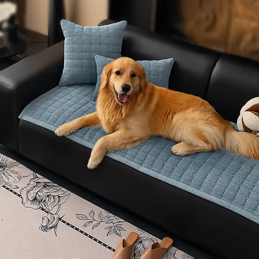 Corduroy pet sofa protector draped over a couch, showcasing non-slip design