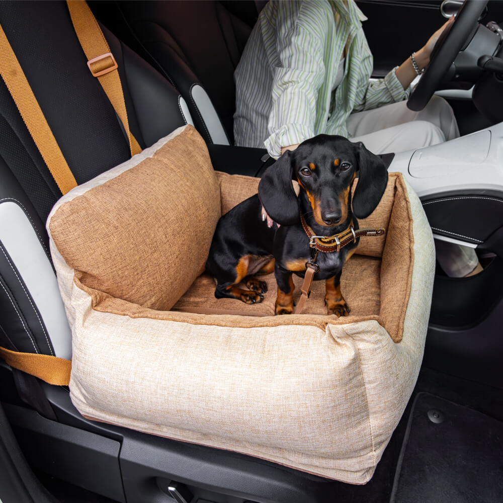 Dog in waterproof dog car seat bed with safety buckles during travel