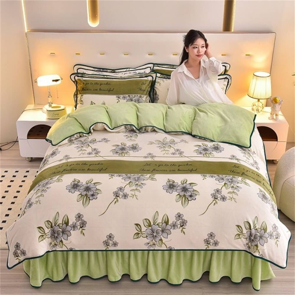A neatly made bed featuring a luxury milk velvet sheets queen size set in a muted tone, showing off its plush texture and inviting warmth.