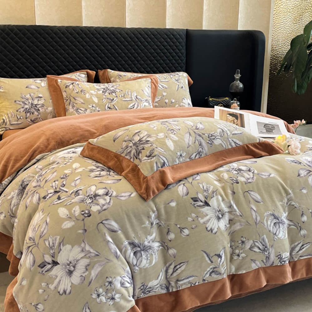 Close-up view of the soft milk velvet leaf pattern bed sheets showcasing texture.