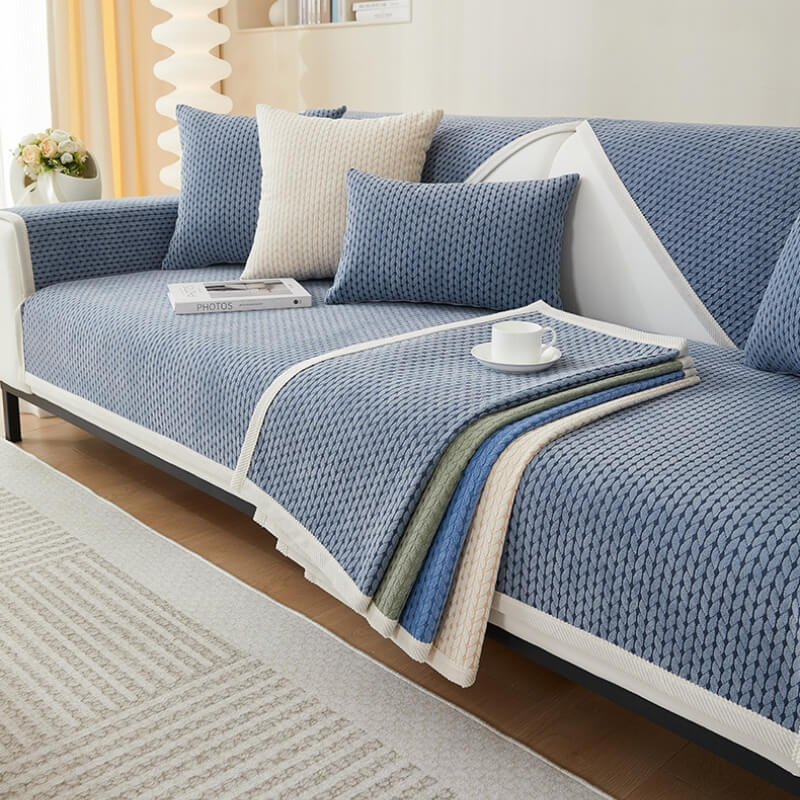 Close-up of wheat ears pattern chenille couch cover on a modern sofa (pet-friendly design)