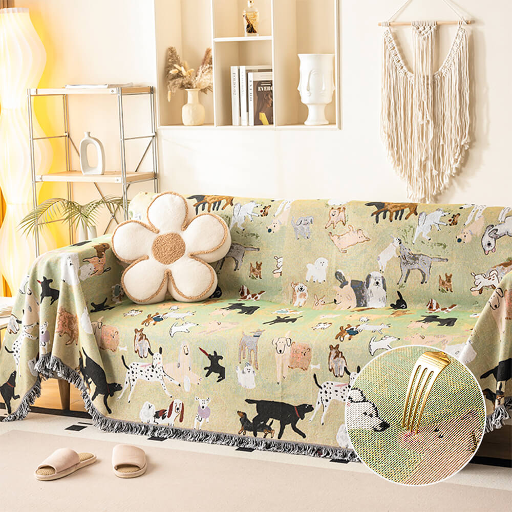 Dog park themed throw blanket on a couch, showcasing its stylish tassel edge design.