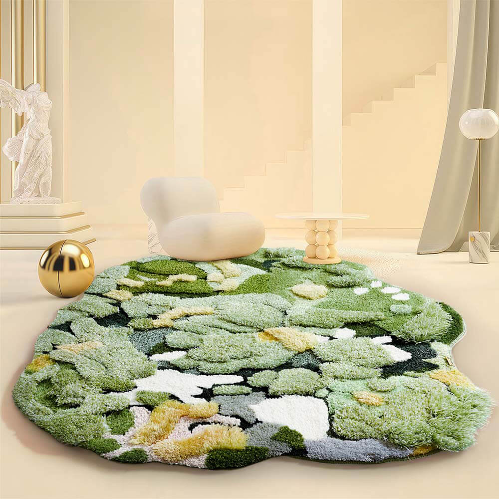 Close-up of the detailed floral pattern on the handcrafted pet rug, showcasing the natural undulating texture and vibrant colors.