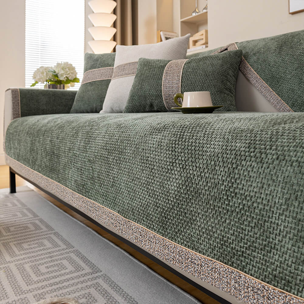Premium chenille couch cover draped neatly over a modern sofa