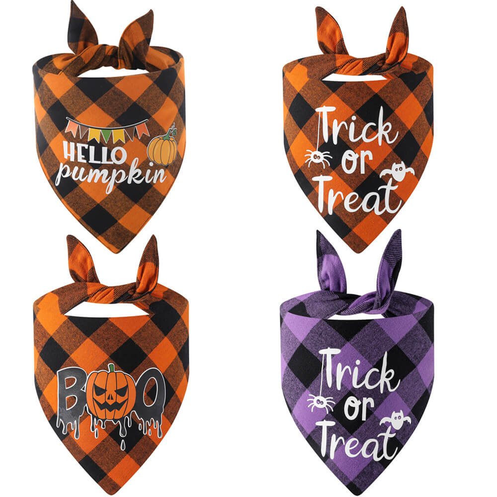 Adorable small dog wearing an orange and black plaid Halloween pet costume with 'Hello Pumpkin' text, looking festive.