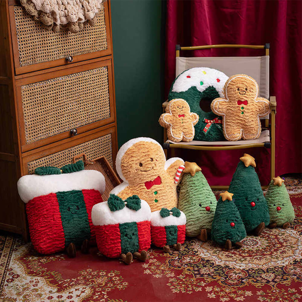 Festive faux rabbit fur Christmas pillow on a cozy sofa with holiday decorations.