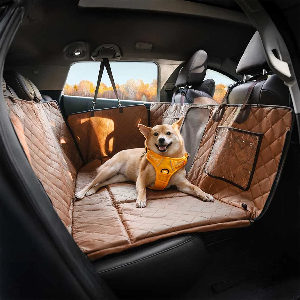 Wide-angle view of hammock dog seat cover installed in SUV showing side flaps and mesh window