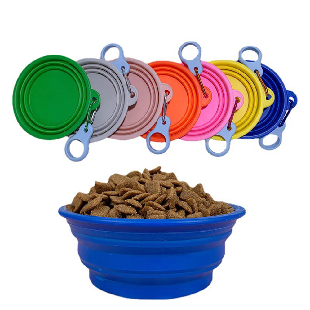 Foldable silicone dog bowl in a travel backpack, showcasing its portable design.