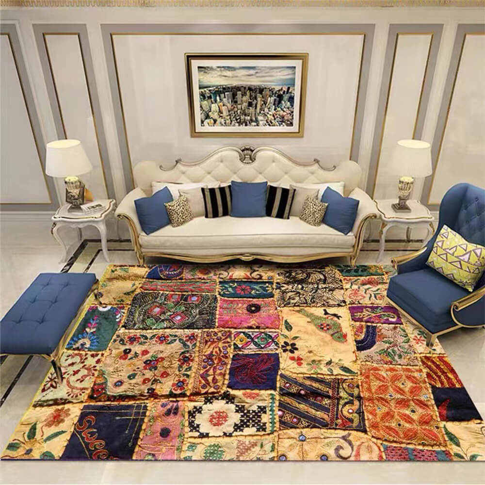 Close-up of vibrant bohemian folk carpet with detailed patterns
