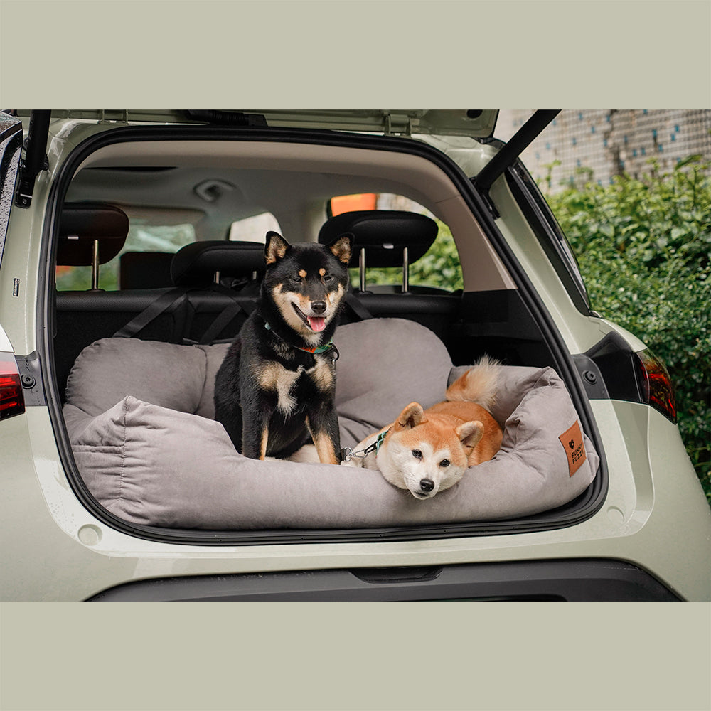 Comfort Plus pet car seat with storage pocket, showing side view and harness attachment.