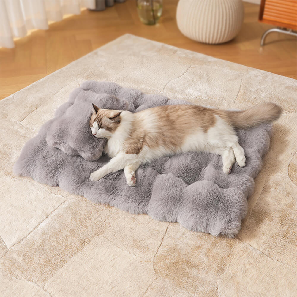 Close-up of faux rabbit fur surface on pet bed with pillow for dogs and cats