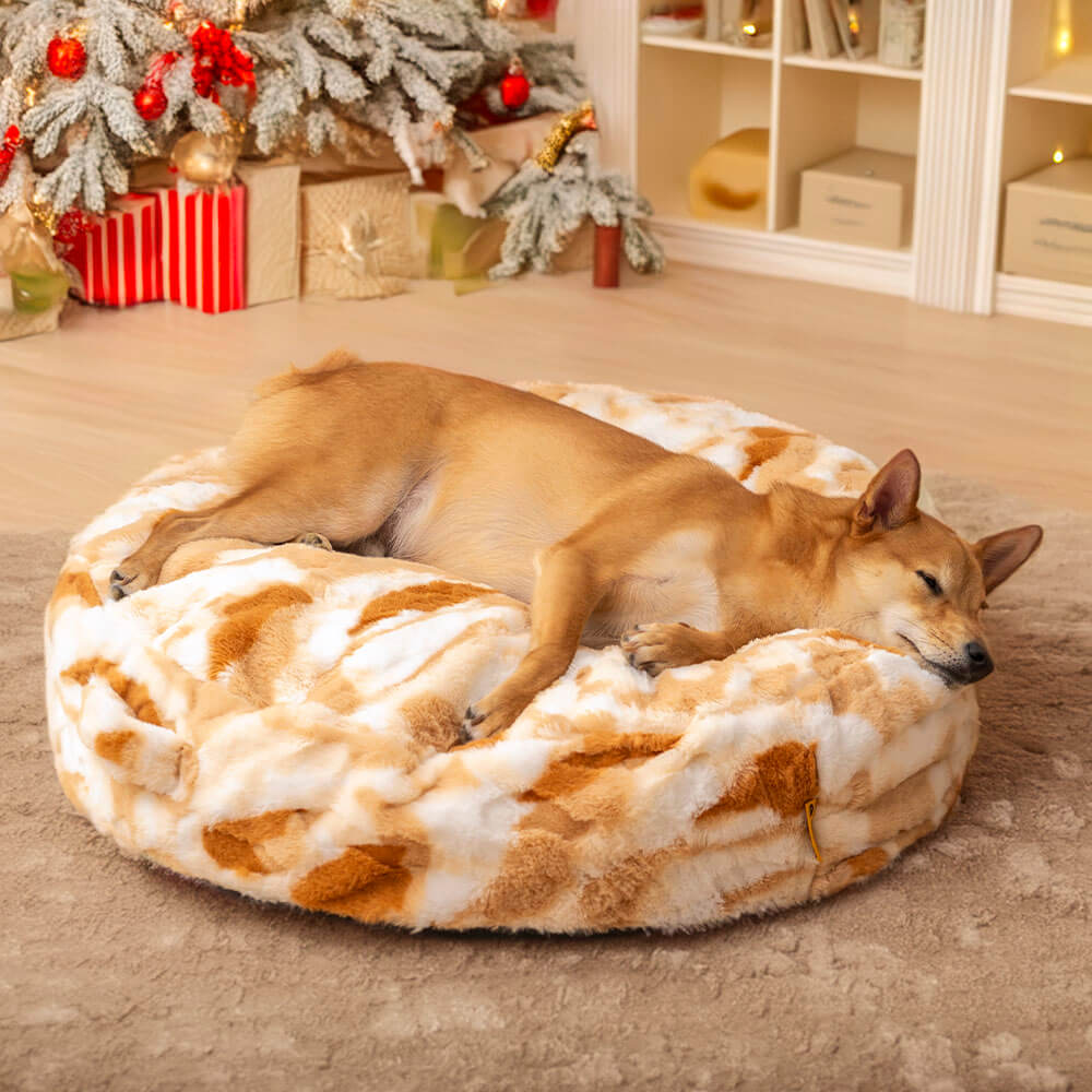 Soft velvet round dog bed for small dogs, showcasing its plush texture.