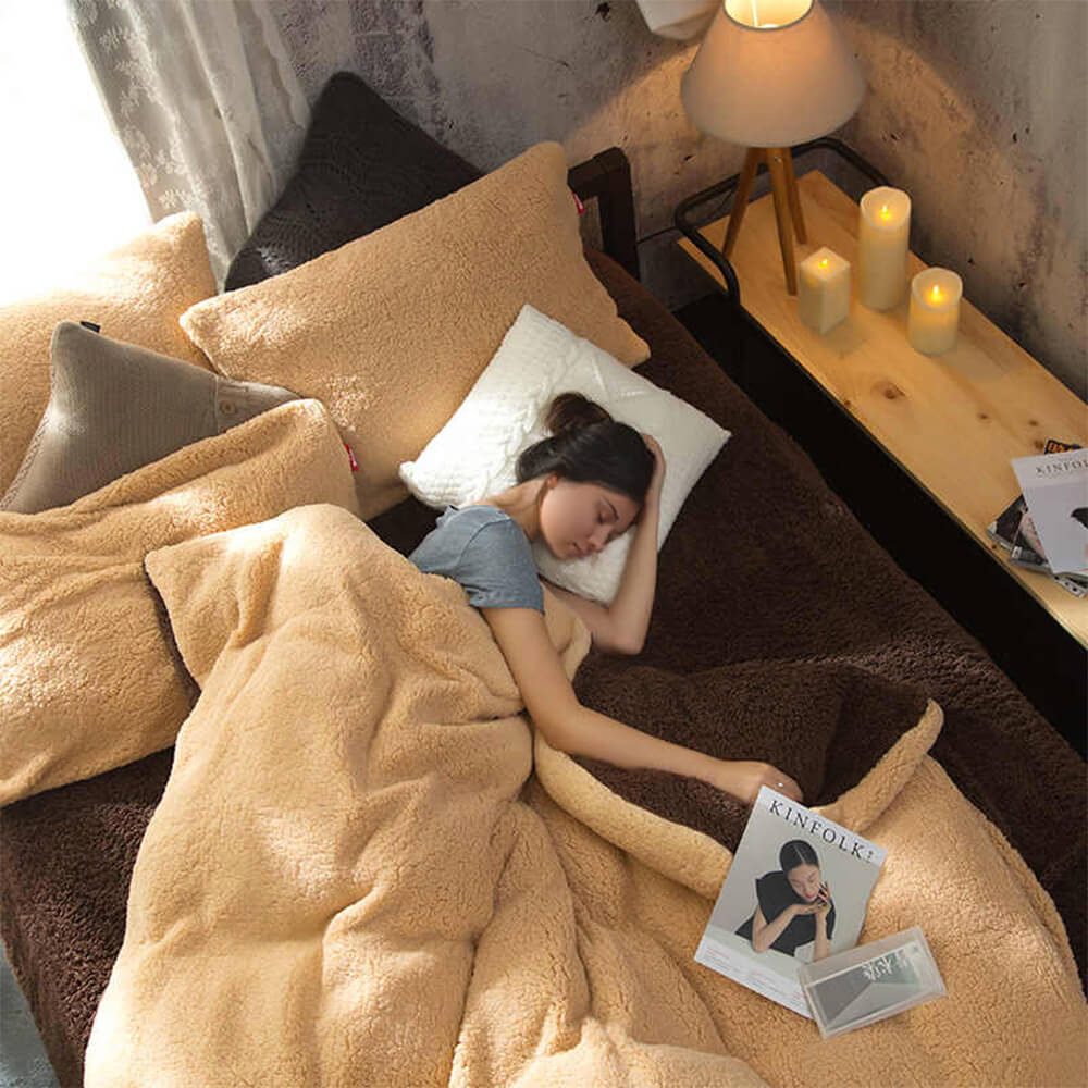 Angled view of reversible Sherpa fleece bed set showcasing dual-tone design and forest-inspired colors.