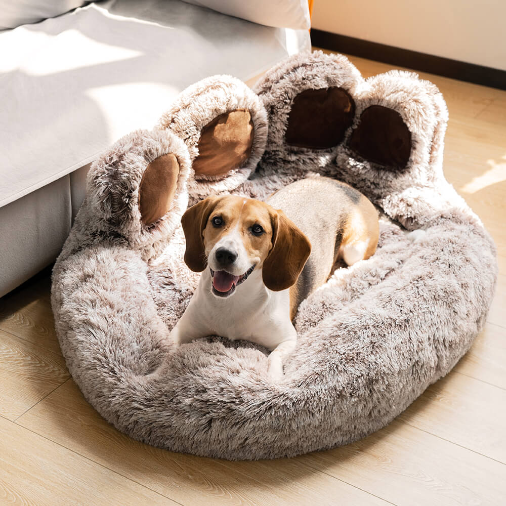 Fuzzy Paw Extra Large Round Dog Bed in a cozy living room setting, showcasing its plush faux fur and round shape.