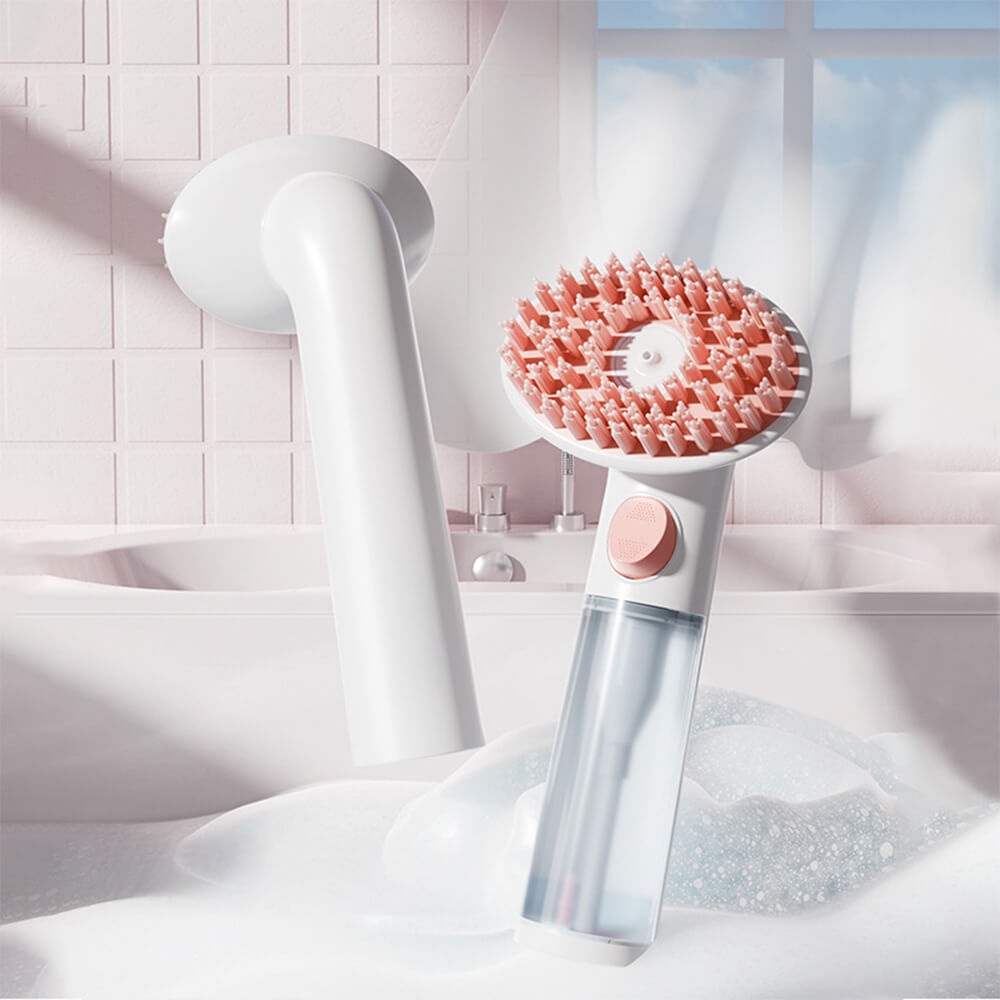 Close-up of the dual action dog bath brush with shampoo dispenser in use, showcasing the soft bristles.