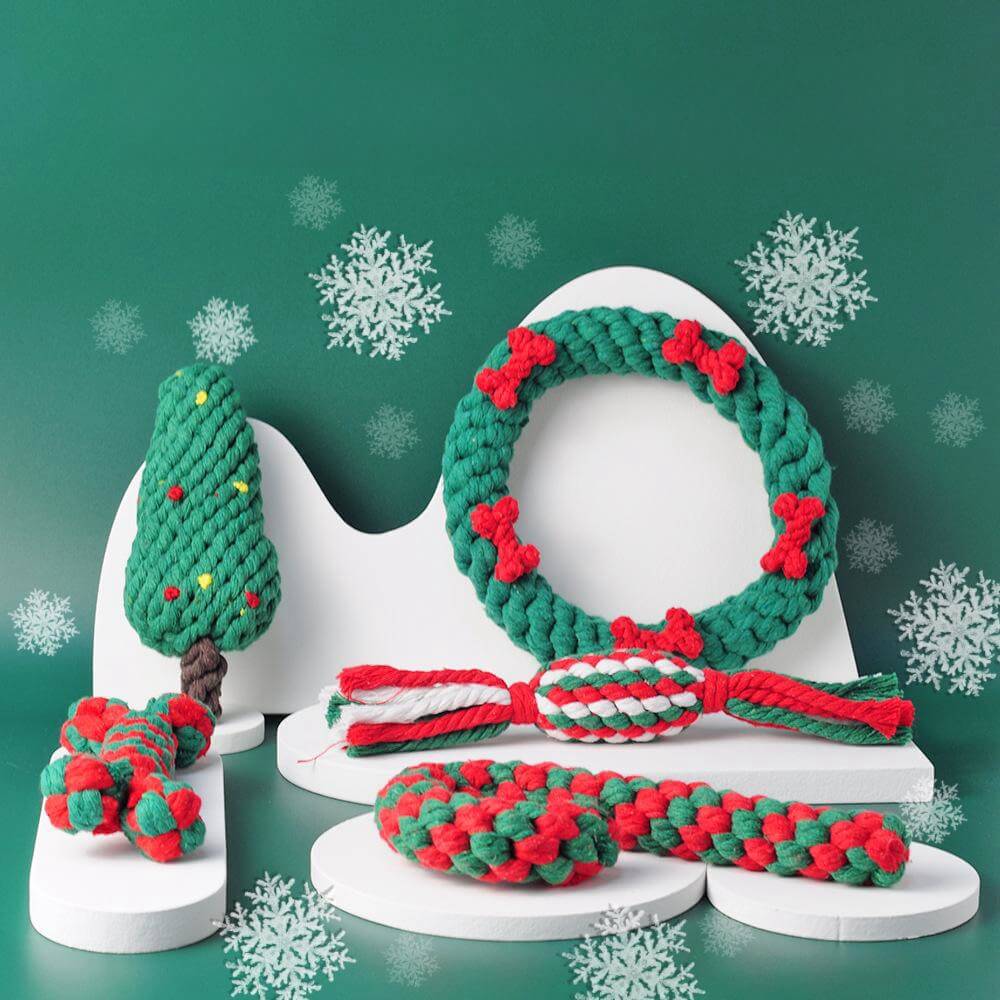 Top view of cotton rope chew toy with festive red-green strands