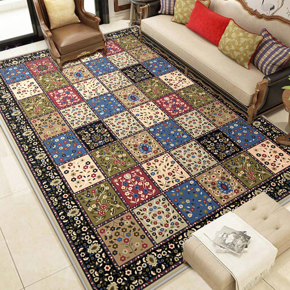 Top view of the vintage pet rug showcasing the intricate floral patchwork design