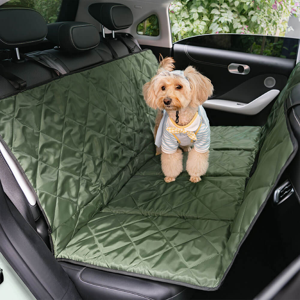 ZenRide portable dog bed unfolded in SUV backseat with golden retriever