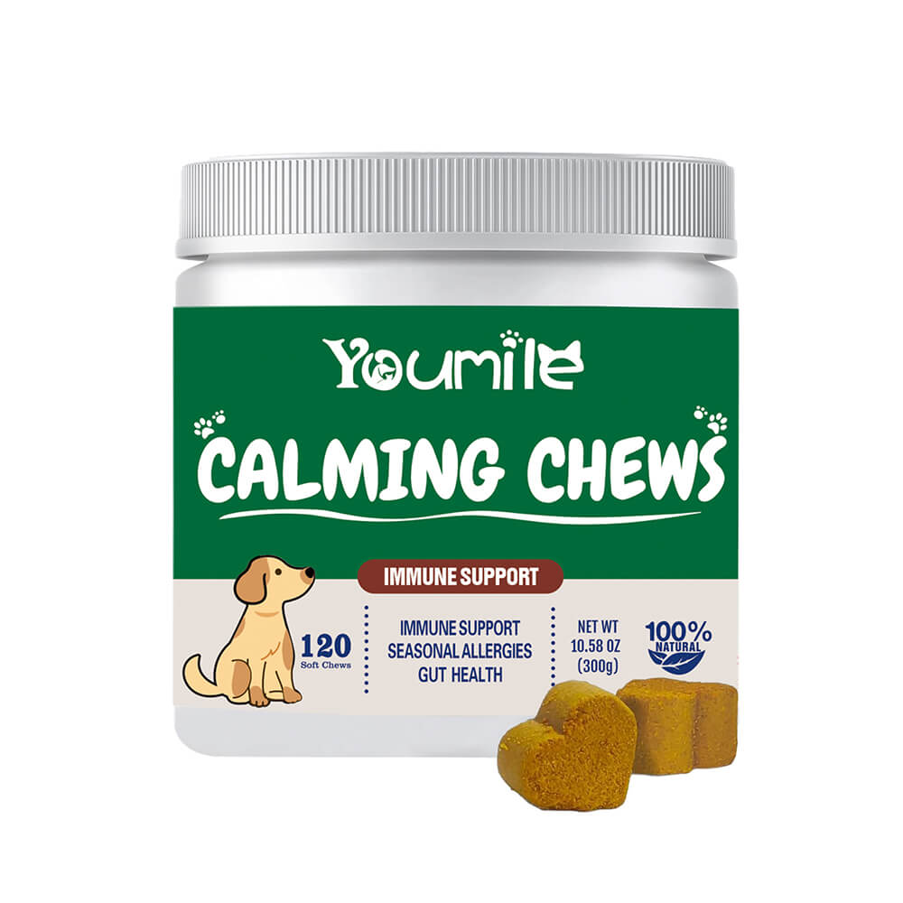 CalmPaws Chews for Stress Relief & Separation Anxiety displayed on a wooden table, showcasing the vibrant packaging.