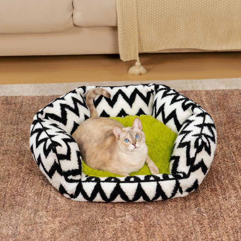 Close-up of plush faux lambswool on the chevron cat bed showing soft texture