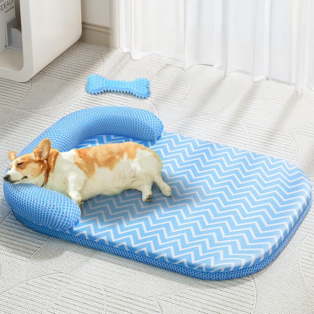 A happy golden retriever comfortably resting on a large ZenPaws OrthoGuard waterproof dog bed, showcasing the elevated neck bolster.