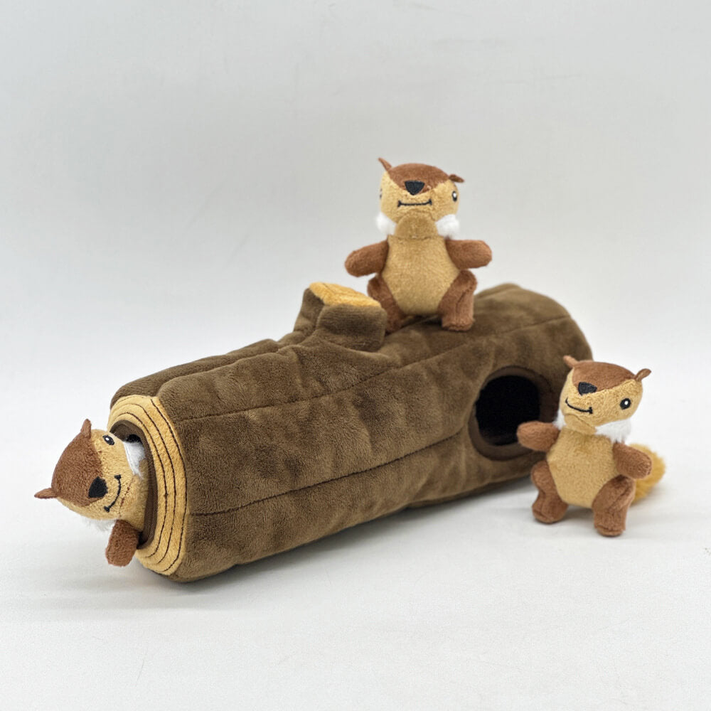 PawPuzzle Squirrel Tree dog toy with plush squirrels and tree trunk