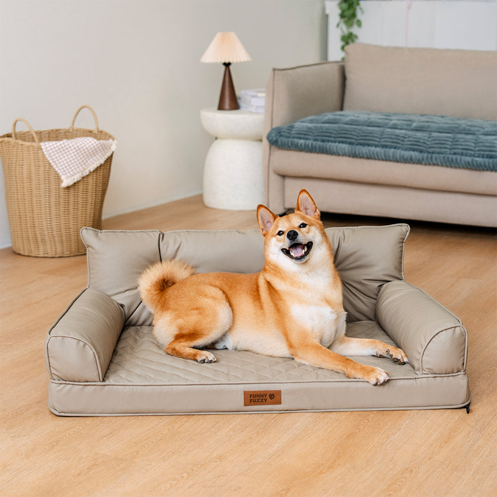 Side view of orthopedic faux leather dog bed showcasing foldable layout