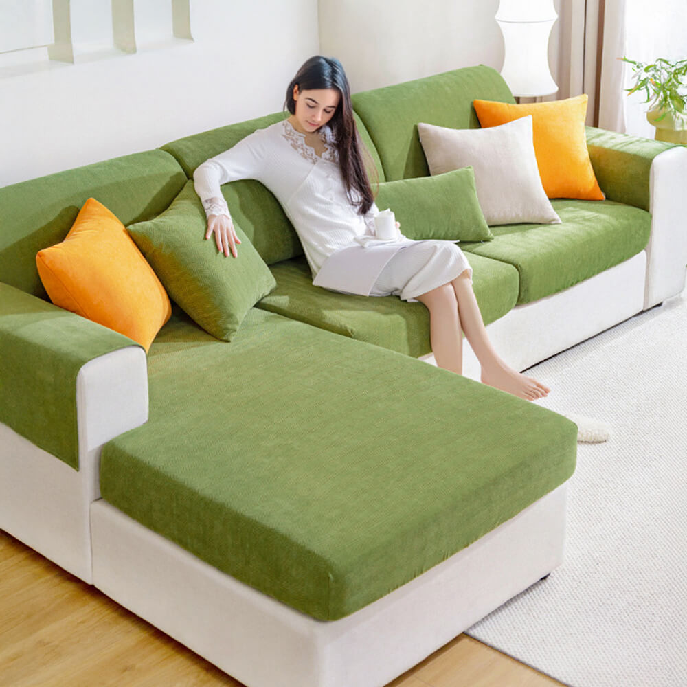 Luxurious herringbone couch cover in a modern living room setting, showcasing its elegant design and snug fit.