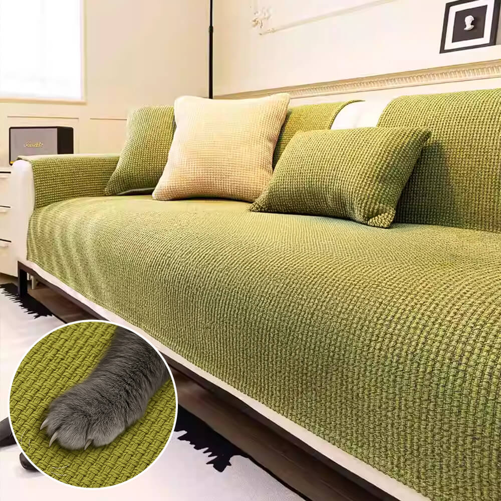 Woven couch cover on a sofa, showcasing anti-snag features and comfortable fabric.