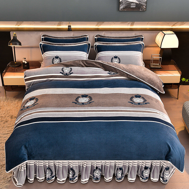 Close-up of a neatly made bed featuring the soft texture of our thickened milk velvet bed sheets with a modern bed skirt visible.