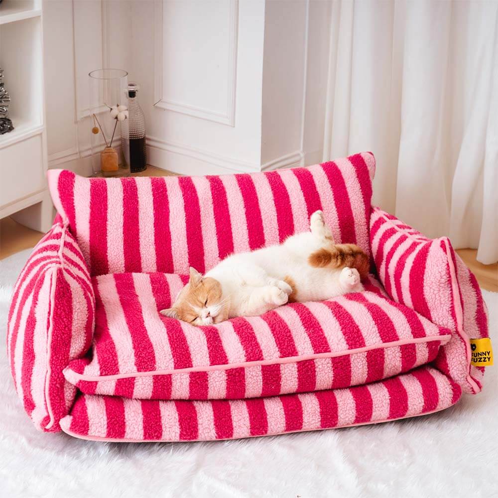 Front view of the chic striped faux lambswool cat sofa bed showcasing its cozy design.