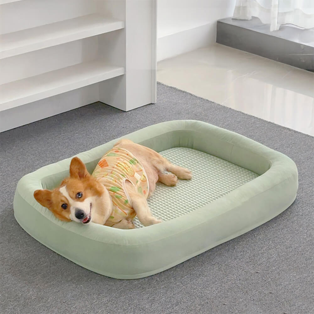 Reversible dog bed in gray, showing cooling fabric side