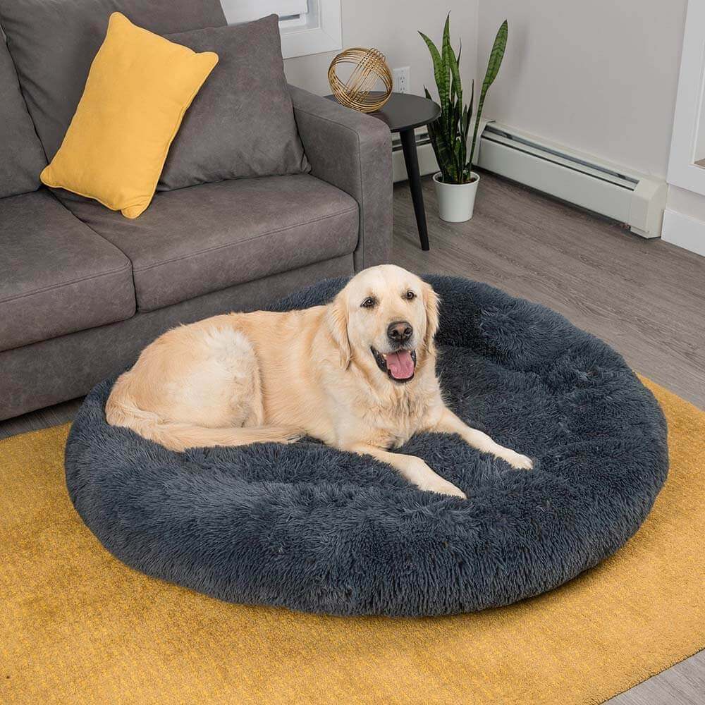 Top-down view of NestEase fluffy dog bed showing plush faux fur texture and raised rim