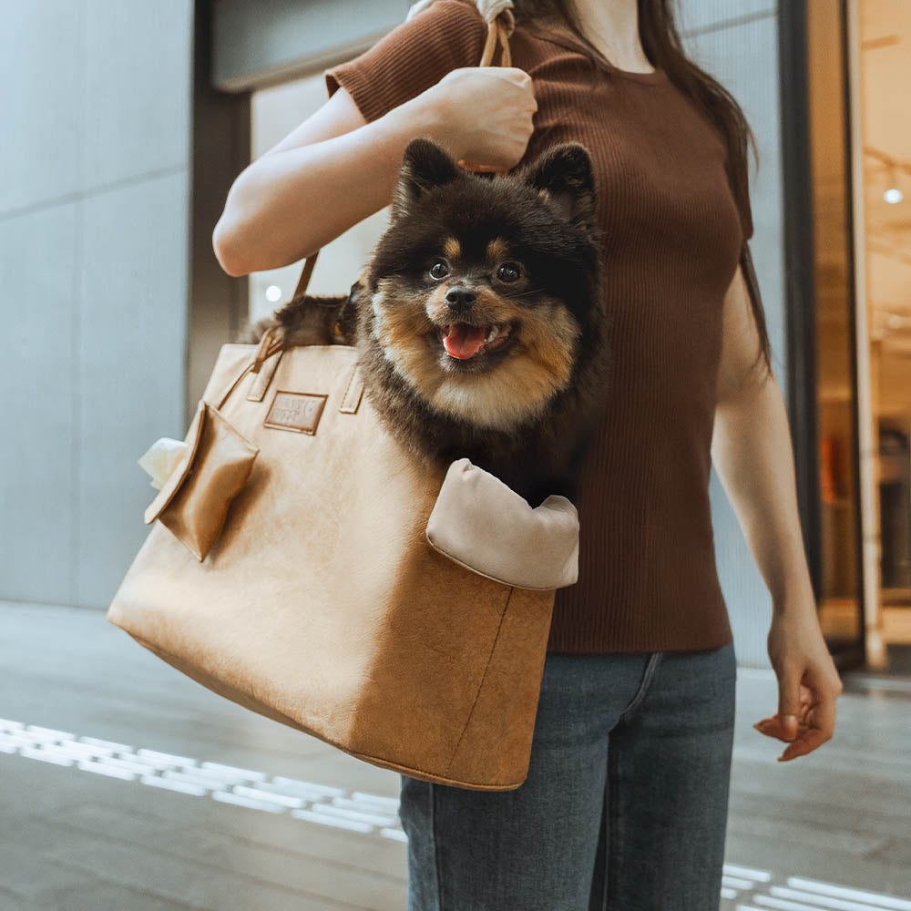 Close-up of Vogue eco-friendly waterproof pet carrier with mesh top and safety leash