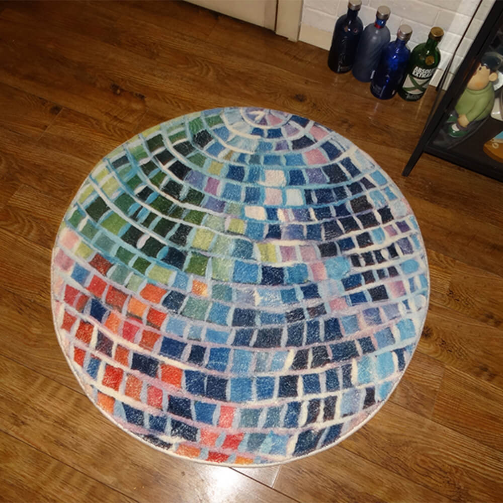 Vibrant disco ball rug showcasing a checkered design in a cozy living room setting.