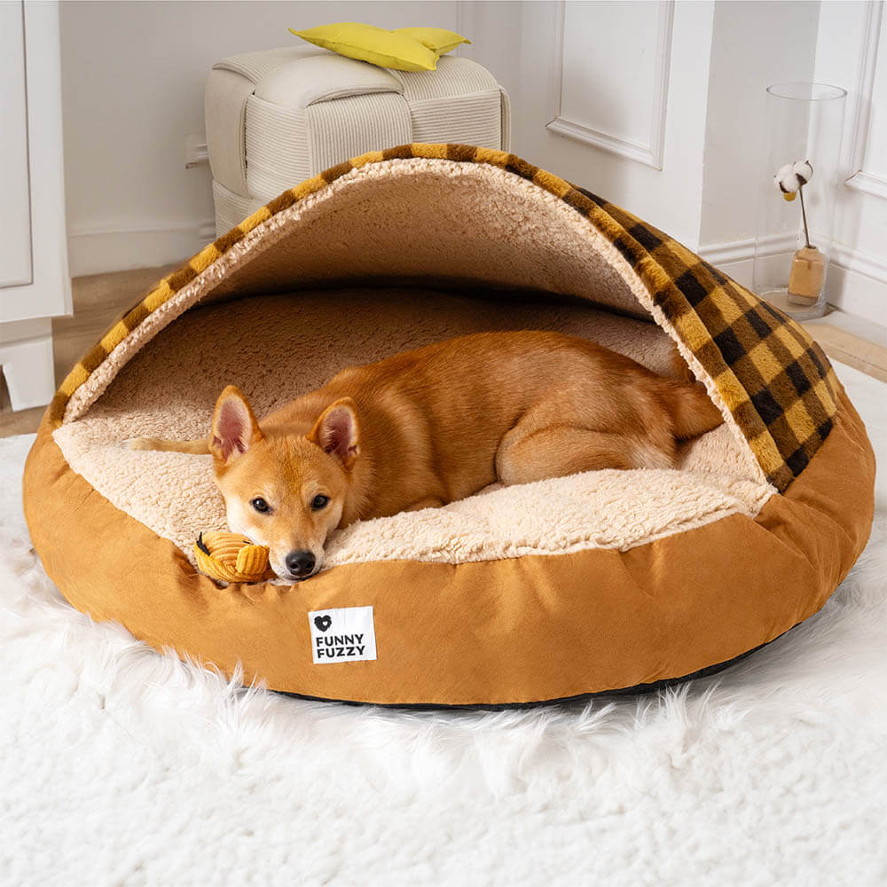 Top view of the plush dog bed showing round canopy and soft faux lambwool texture