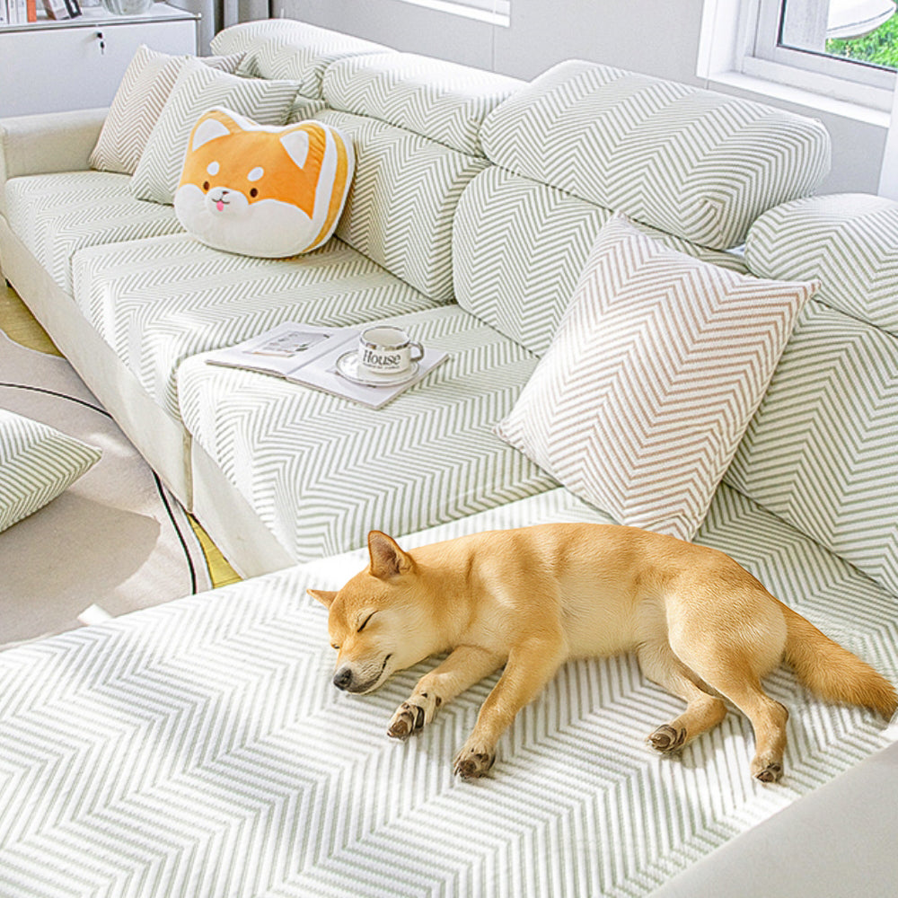 Front view of the pet friendly sofa cover stretched over a modern couch with cushions.